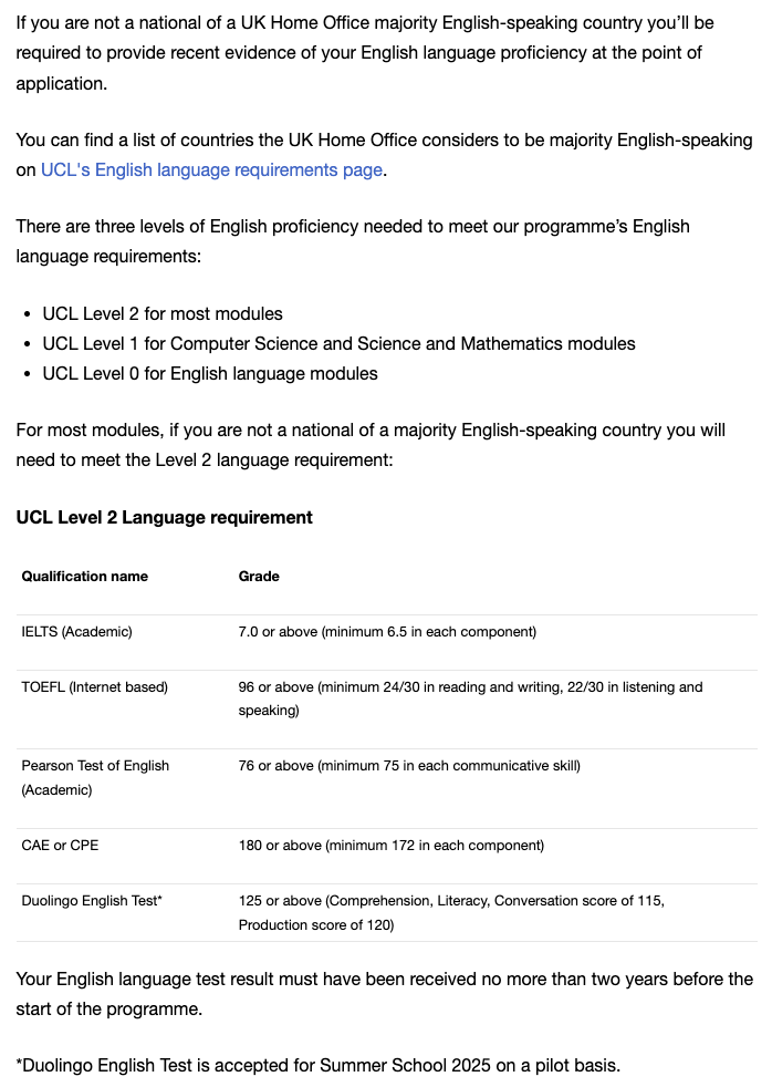 ucl夏校申请语言要求